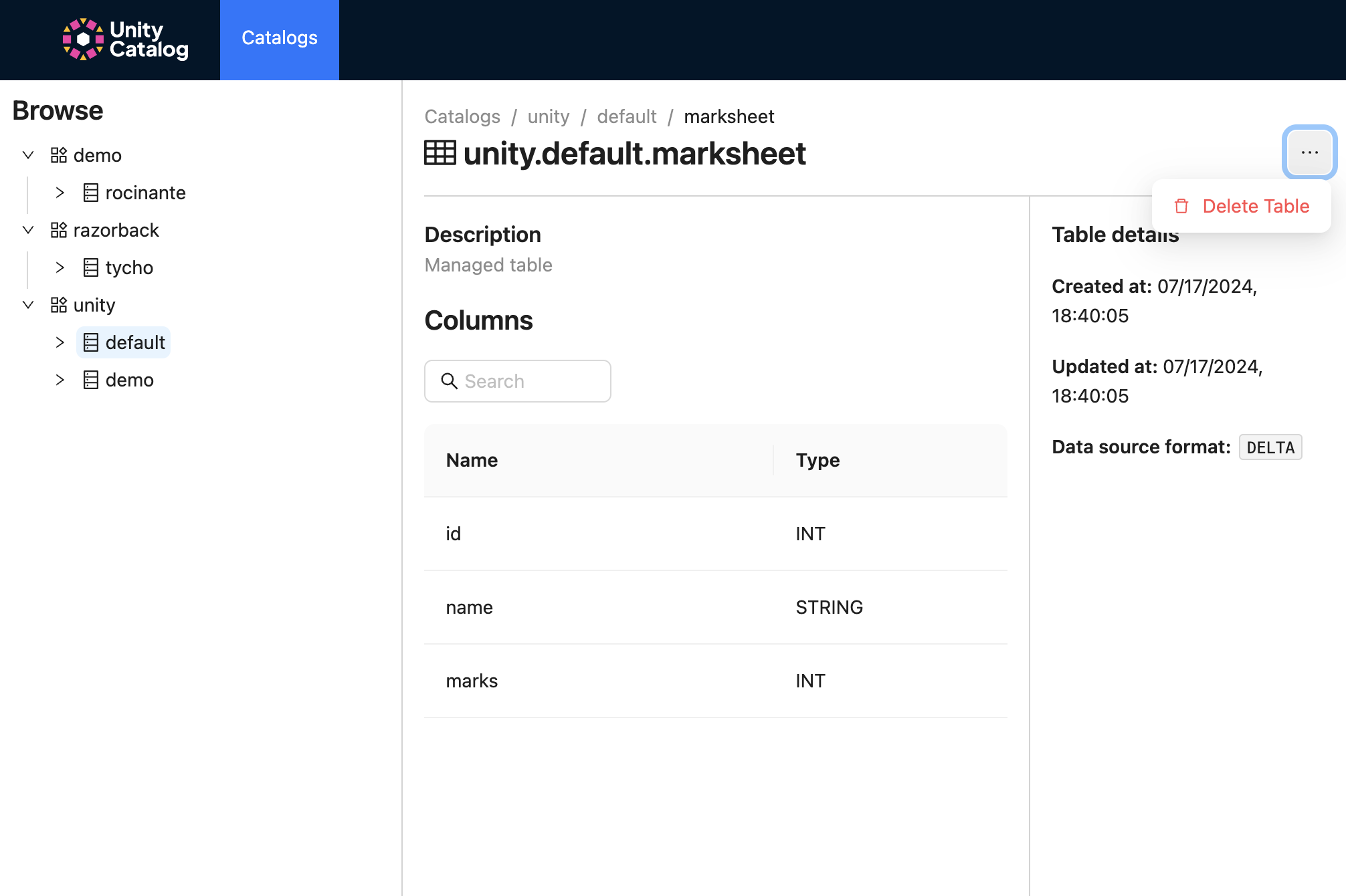 Showing Tables dataTypes