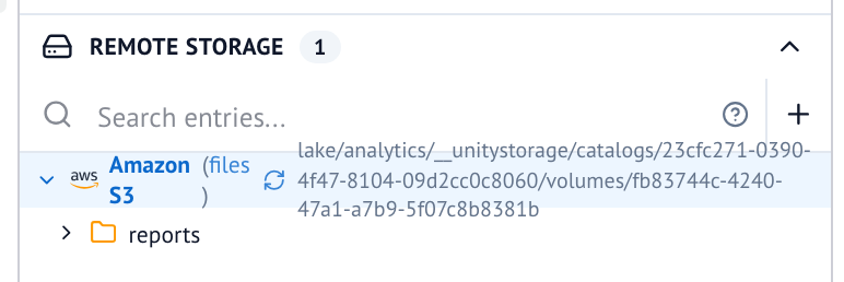 The Files panel's Remote Storage section lists the files store as Amazon S3, at the volume's storage location, with its reports folder.